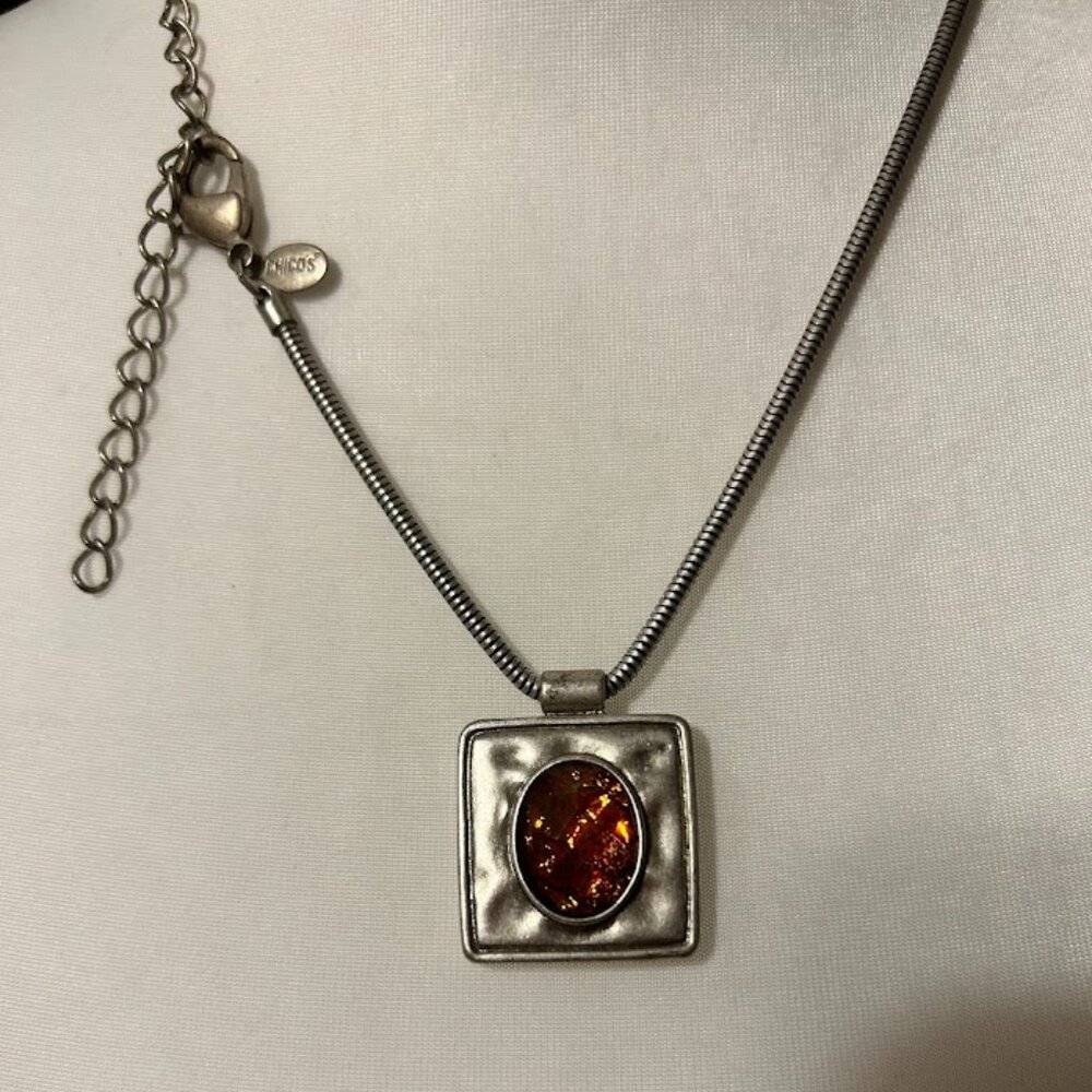 Chicos Antiquated Snake Chain Necklace Gold Shimmer Stone Pendant Signed